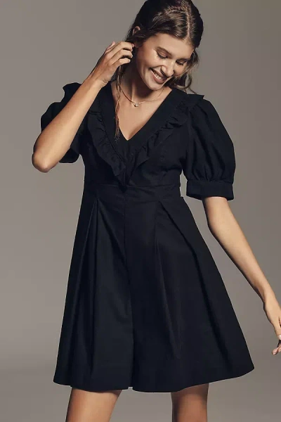 Maeve Puff-sleeve Babydoll Mini Dress In Black