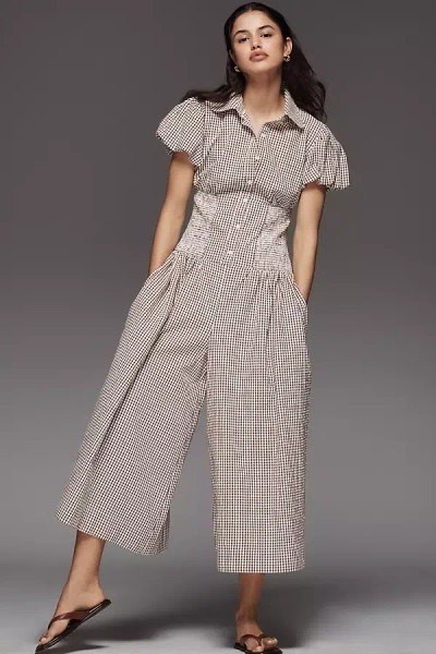 Maeve Puff-sleeve Basque-waist Wide-leg Jumpsuit In Beige