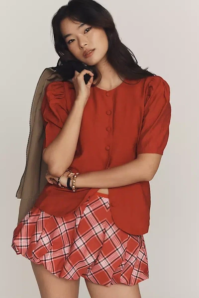 Maeve Puff-sleeve Button-front Top In Red