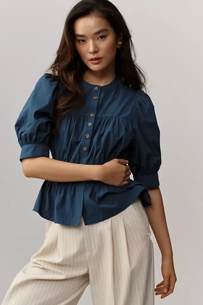 Maeve Puff-sleeve Buttondown Top In Blue