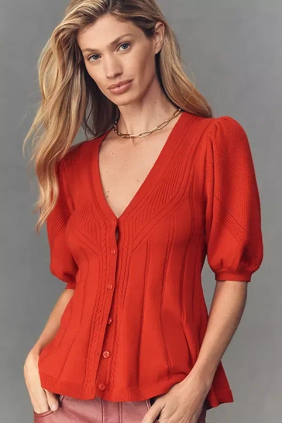 Maeve Puff-sleeve Cashmere Blend Cardigan Sweater In Red