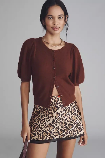 Maeve Puff-sleeve Cashmere Cardigan Sweater In Burgundy