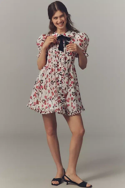 Maeve Puff-sleeve Collared Bow-front Pleated Mini Dress