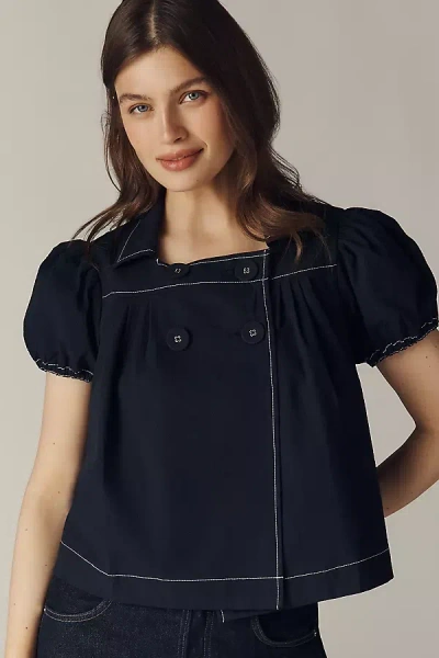 Maeve Puff Sleeve Double-breasted Top In Blue
