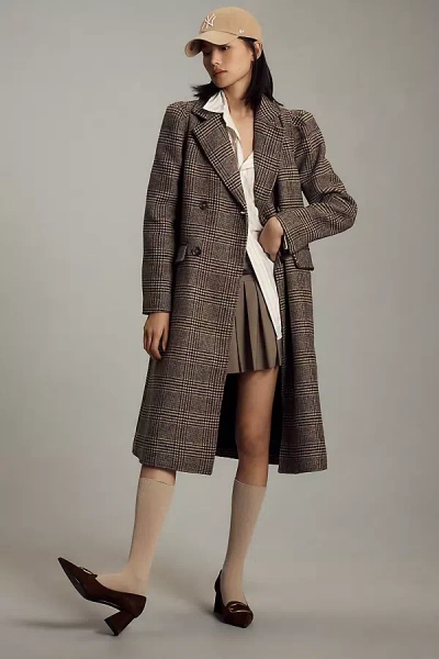 Maeve Puff-sleeve Double-breasted Wool-blend Long Coat Jacket In Brown