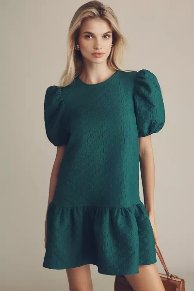 Maeve Puff-sleeve Drop-waist Mini Dress In Green