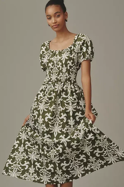 Maeve Puff Sleeve Fit & Flare Dress In Green