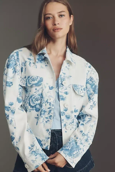 Maeve Puff-sleeve Floral Utility Jacket In Blue