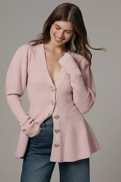 Maeve Puff-sleeve Heart-button Cardigan Sweater In Pink
