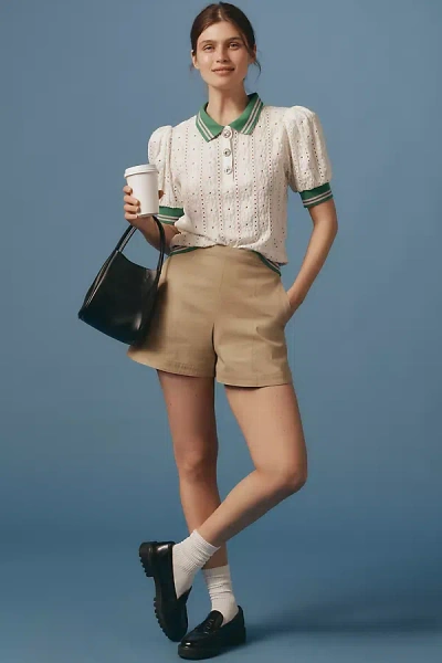 Maeve Puff-sleeve Lace Polo Top In White