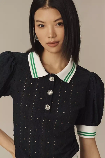 Maeve Puff-sleeve Lace Polo Top In Blue