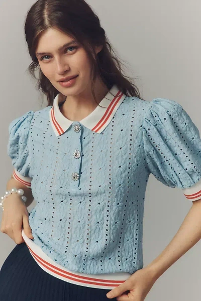 Maeve Puff-sleeve Lace Polo Top In Blue