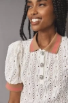 Maeve Puff-sleeve Lace Polo Top In White