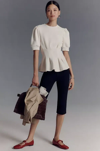 Maeve Puff-sleeve Pleated-waist Peplum Top In White
