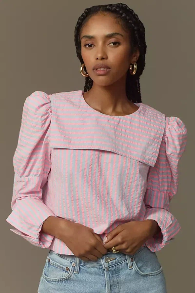 Maeve Puff-sleeve Seersucker Blouse In Pink