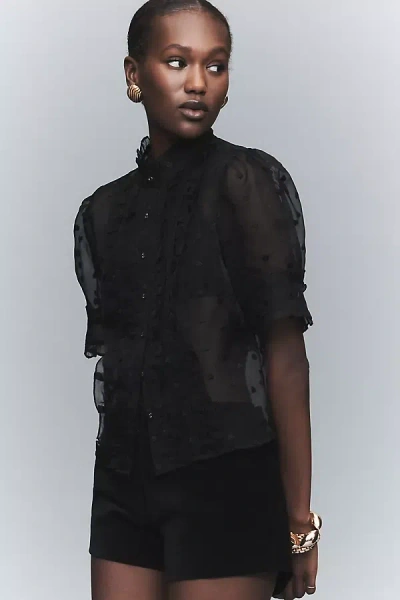 Maeve Puff-sleeve Sheer Ruffle Blouse In Black