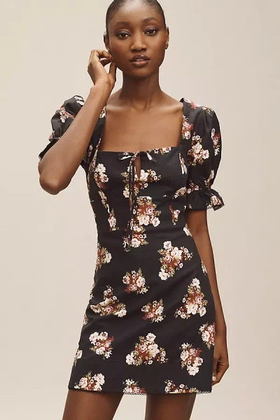 Maeve Puff-sleeve Slim Linen Mini Dress In Multicolor