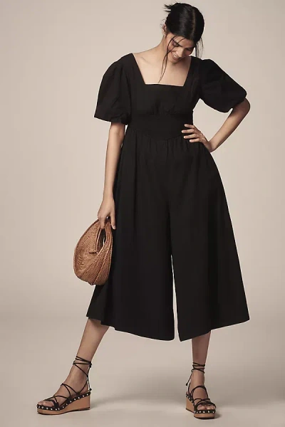 Maeve Puff-sleeve Smocked Culotte Jumpsuit In Black