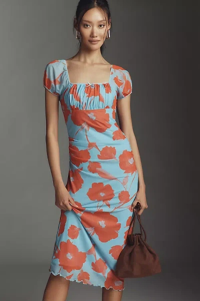 Maeve Puff-sleeve Square-neck Mesh Midi Dress In Blue