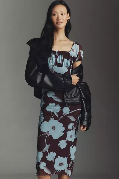 Maeve Puff-sleeve Square-neck Mesh Midi Dress In Blue