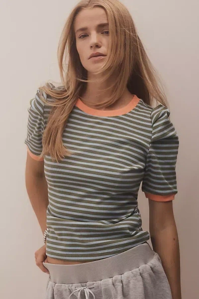 Maeve Puff-sleeve Striped Top In Green