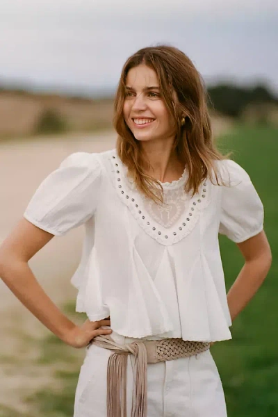 Maeve Puff-sleeve Studded Placket Blouse In Neutral