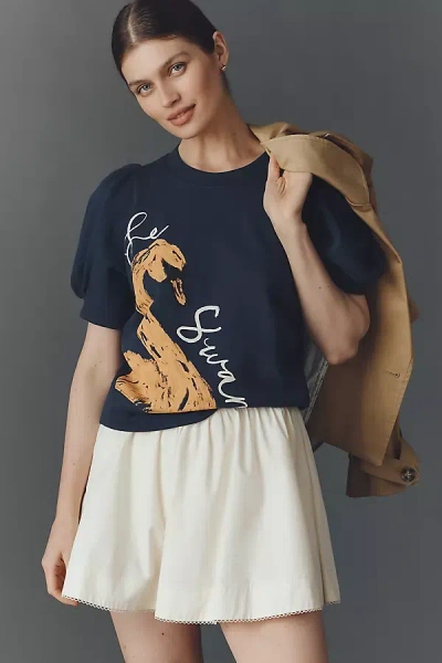 Maeve Puff-sleeve Swan Pullover In Blue