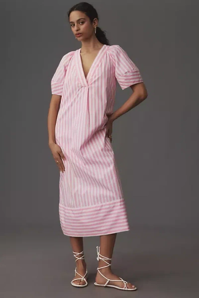 Maeve Puff-sleeve V-neck Midi Dress In Pink
