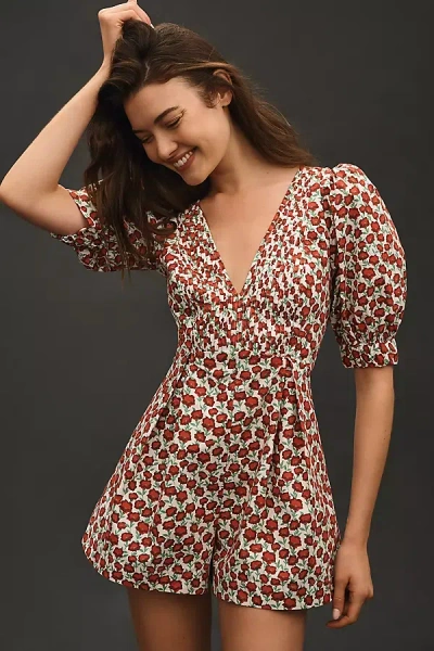 Maeve Puff-sleeve V-neck Pintuck Playsuit In Multicolor