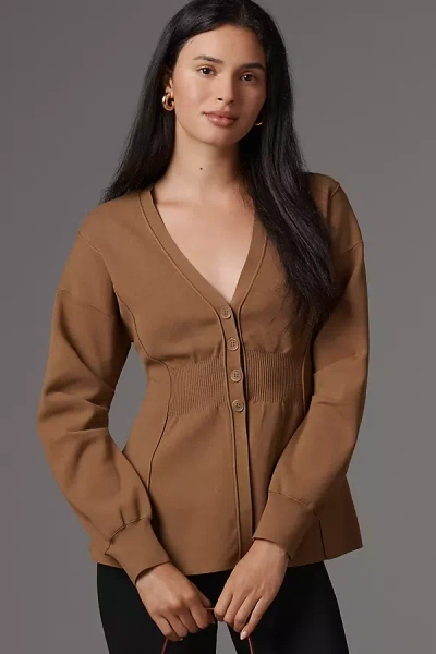 Maeve Puff-sleeve Waisted Cardigan In Brown