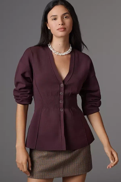 Maeve Puff-sleeve Waisted Cardigan In Brown