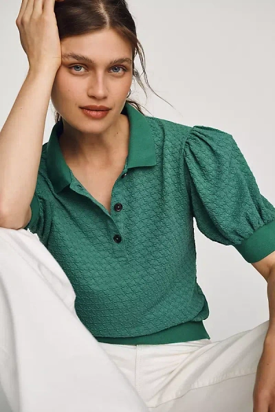 Maeve Puff-sleeve Collared Top In Green