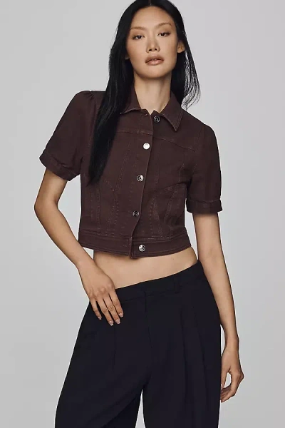 Maeve Puff-sleeve Crop Denim Jacket In Brown