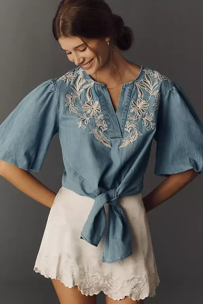 Maeve Puff-sleeve Embroidered Blouse In Blue