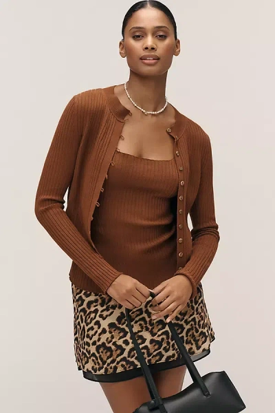Maeve Ribbed Crew-neck Cardigan Sweater In Brown