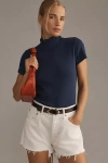 Maeve Ribbed Mock-neck Cropped T-shirt In Blue