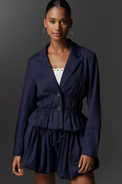 Maeve Ruched Linen Blend Blazer Jacket In Blue