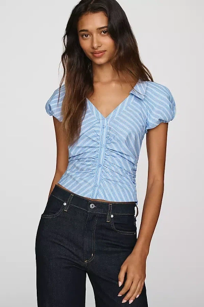 Maeve Ruched Short-sleeve Buttondown Shirt In Blue