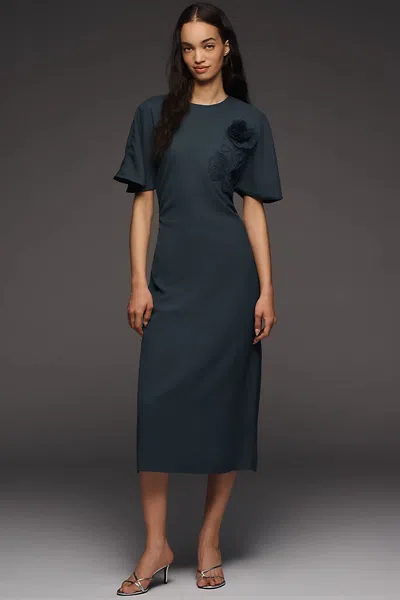 Maeve Ruched Short-sleeve Midi Dress In Green