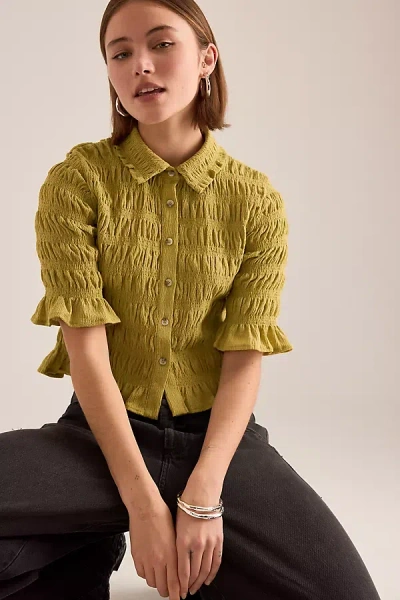 Maeve Ruffle Button-front Top In Green