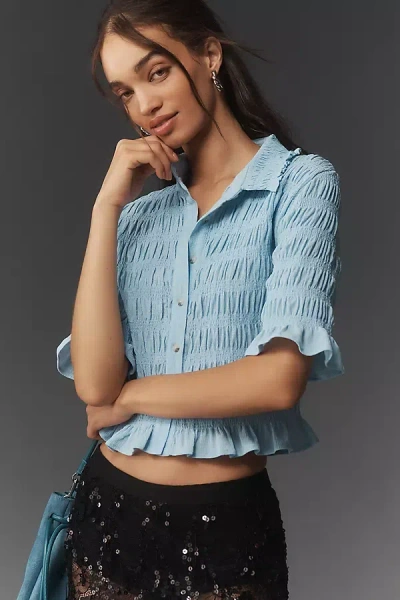 Maeve Ruffle Button-front Top In Blue