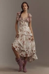 Maeve Ruffle-sleeve V-neck Lace-up Midi Dress In Multicolor