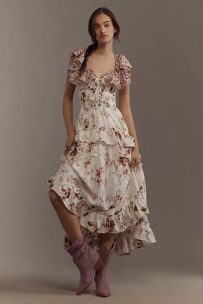 Maeve Ruffle-sleeve V-neck Lace-up Midi Dress In Multicolor