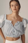 Shop Maeve Ruffled Puff-sleeve Button-front Cropped Blouse In Blue