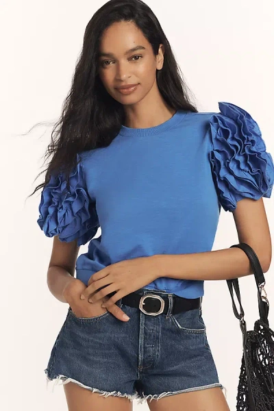Maeve Ruffled Puff-sleeve Tee In Blue