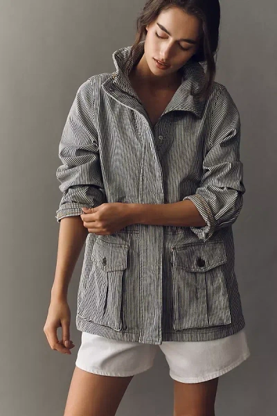 Maeve Sailor Stripe Denim Utility Jacket In Gray