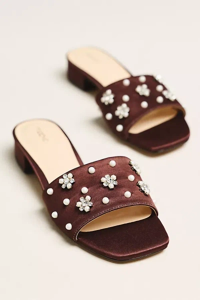 Maeve Satin Embellished Slide Sandals In Burgundy