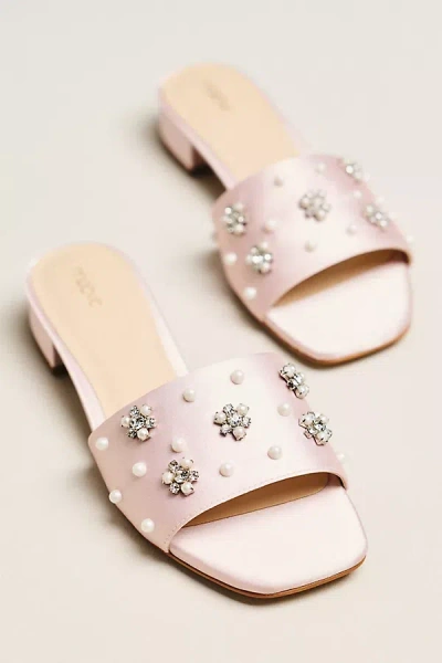 Maeve Satin Embellished Slide Sandals In Pink