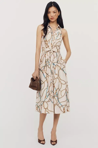 Maeve Satin Tie Twist Midi Dress In Beige