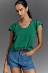 Maeve Scoop-neck Flounce-sleeve Tee In Green